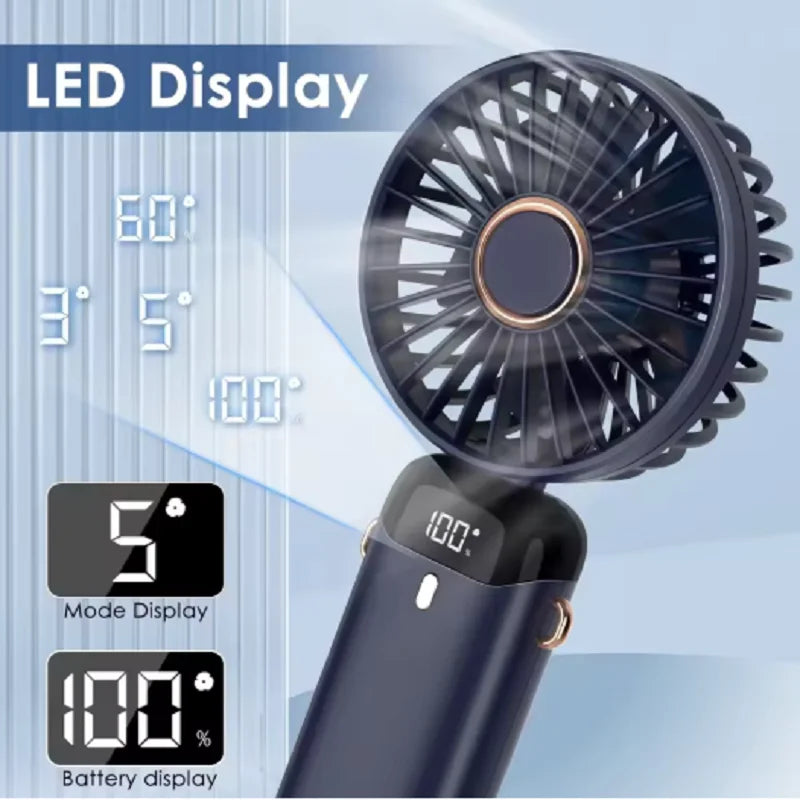 Portable USB Handheld Mini Fan Foldable Neck Hanging Fans 5 Speed USB Rechargeable Fan with Phone Stand and Display Screen