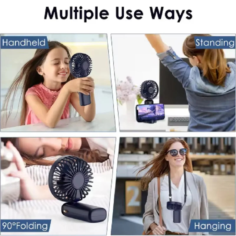 Portable USB Handheld Mini Fan Foldable Neck Hanging Fans 5 Speed USB Rechargeable Fan with Phone Stand and Display Screen