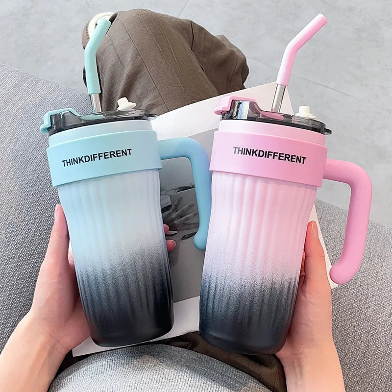 860ML Coffee Cup Outdoor Thermo Water Bottle with Straw Stainless Steel Tumbler Car Thermal Mug Keeps Cold and Heat Vacuum Flask