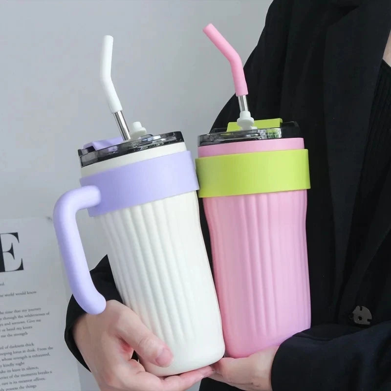 860ML Coffee Cup Outdoor Thermo Water Bottle with Straw Stainless Steel Tumbler Car Thermal Mug Keeps Cold and Heat Vacuum Flask
