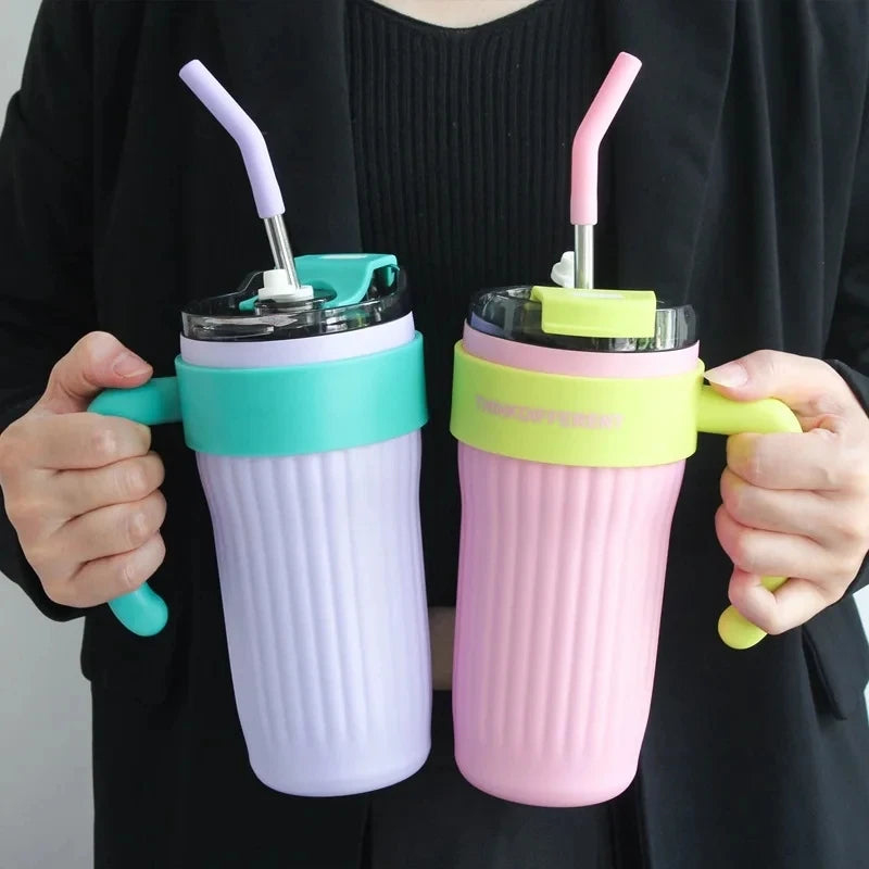 860ML Coffee Cup Outdoor Thermo Water Bottle with Straw Stainless Steel Tumbler Car Thermal Mug Keeps Cold and Heat Vacuum Flask