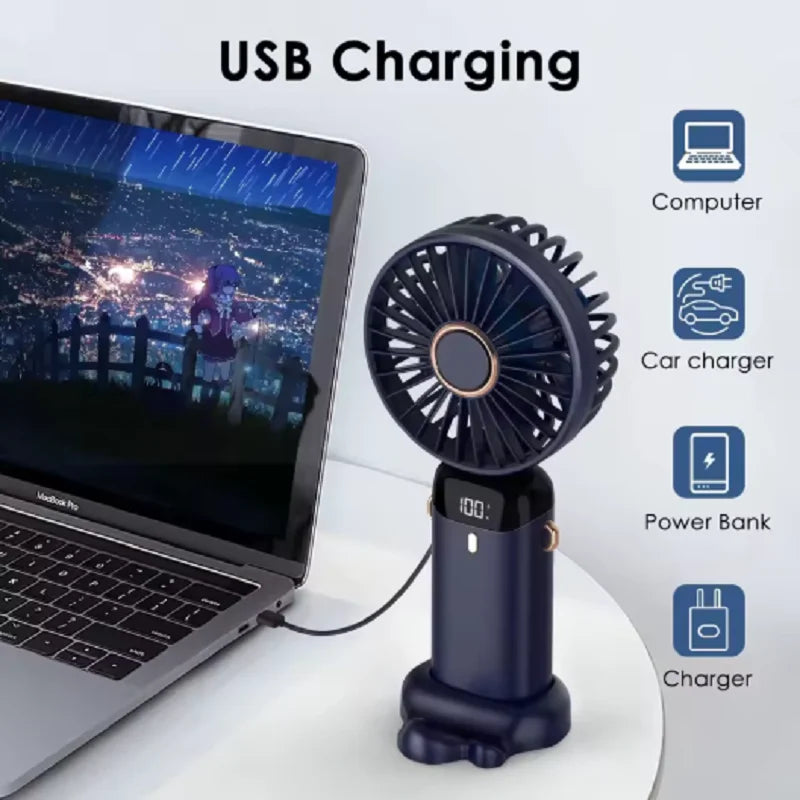 Portable USB Handheld Mini Fan Foldable Neck Hanging Fans 5 Speed USB Rechargeable Fan with Phone Stand and Display Screen