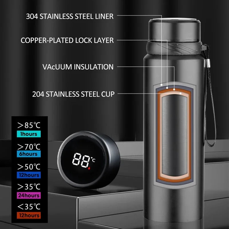 Stainless Steel Thermal Water Bottle with LED Temperature Display - 600/1000ML Vacuum Flask for Hot and Cold Beverages