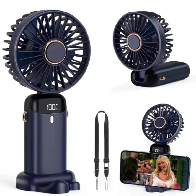 Portable USB Handheld Mini Fan Foldable Neck Hanging Fans 5 Speed USB Rechargeable Fan with Phone Stand and Display Screen